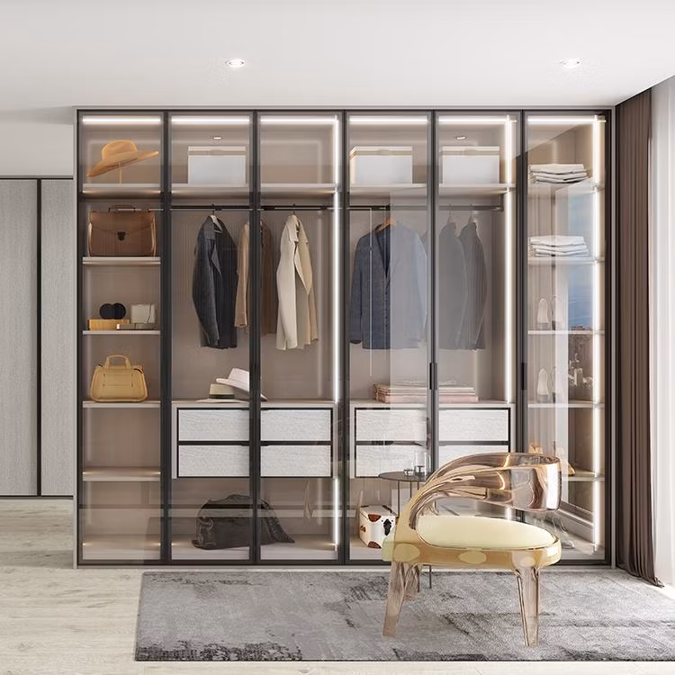 Home modern wooden bedroom wardrobes cabinet with glass door